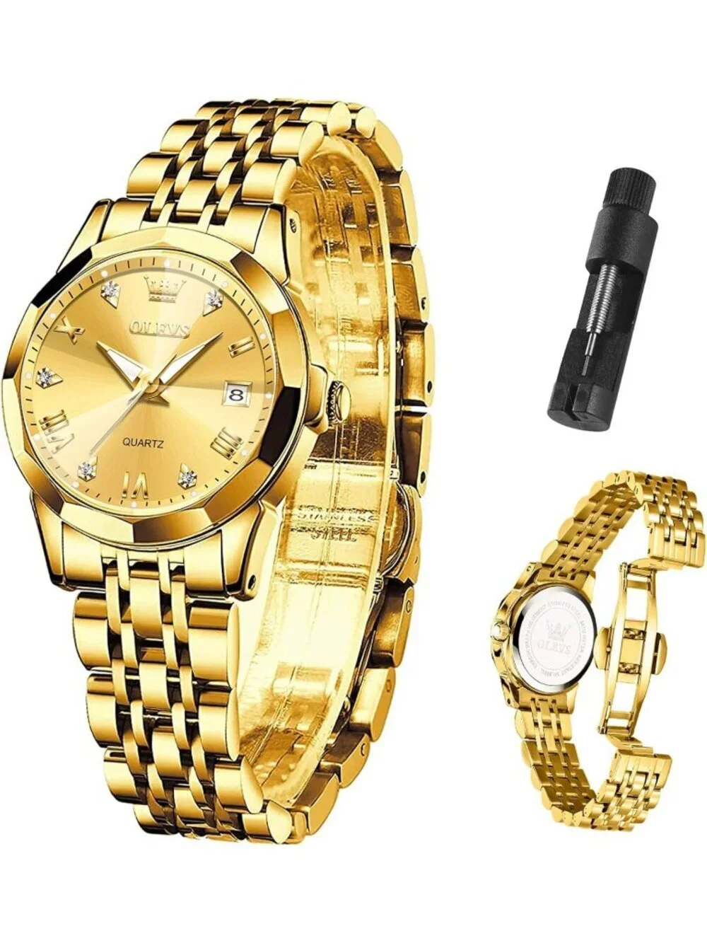 Women's All Gold Analog Diamond Stainless Steel Waterproof Elegant Luxury Watch